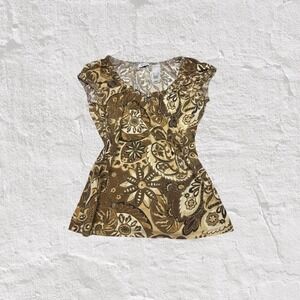 Liz & Co. Top Women's S Brown Tan Paisley Y2K Cap Sleeve 100% Cotton